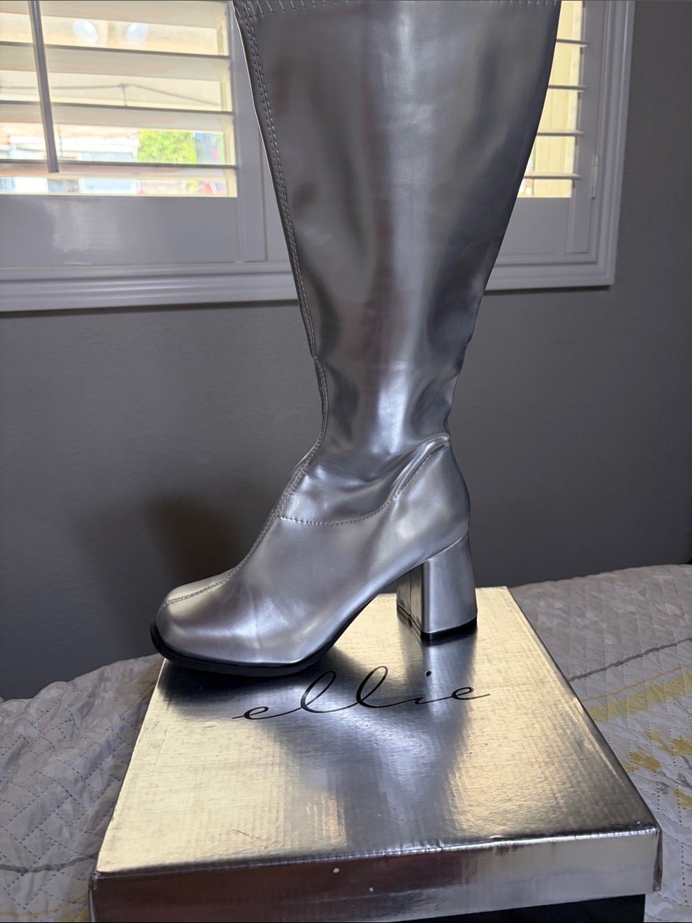 Ellie Silver Mid-Calf Block Heel Boots